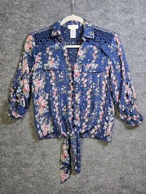 Pretty Good Top Womens S Blue Crochet Yoke Sheer Floral Tie Hem Boho Festival